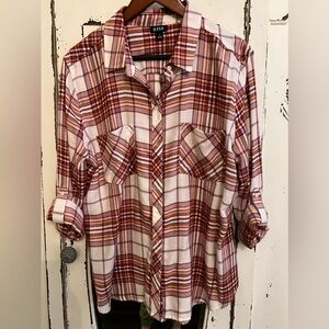 ana flannel plaid shirt in cream, maroon, and browns | L
